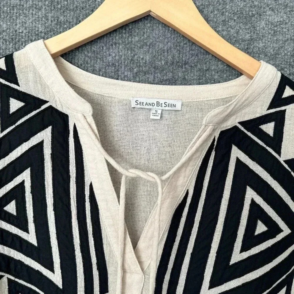 See And Be Seen Top Womens Small Cream Black Gauzy Geometric Peasant Boho Blouse - Picture 7 of 16